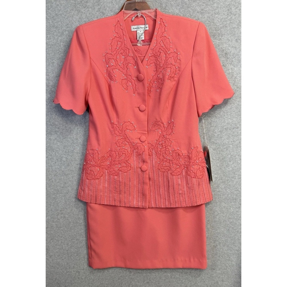 VTG Justin Taylor Coral Pink Beaded Skirt Suit Set NWT Size 10‎ Formal Elegant